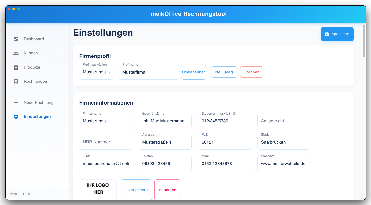meikOffice Rechnungstool Einstellungen Screenshot