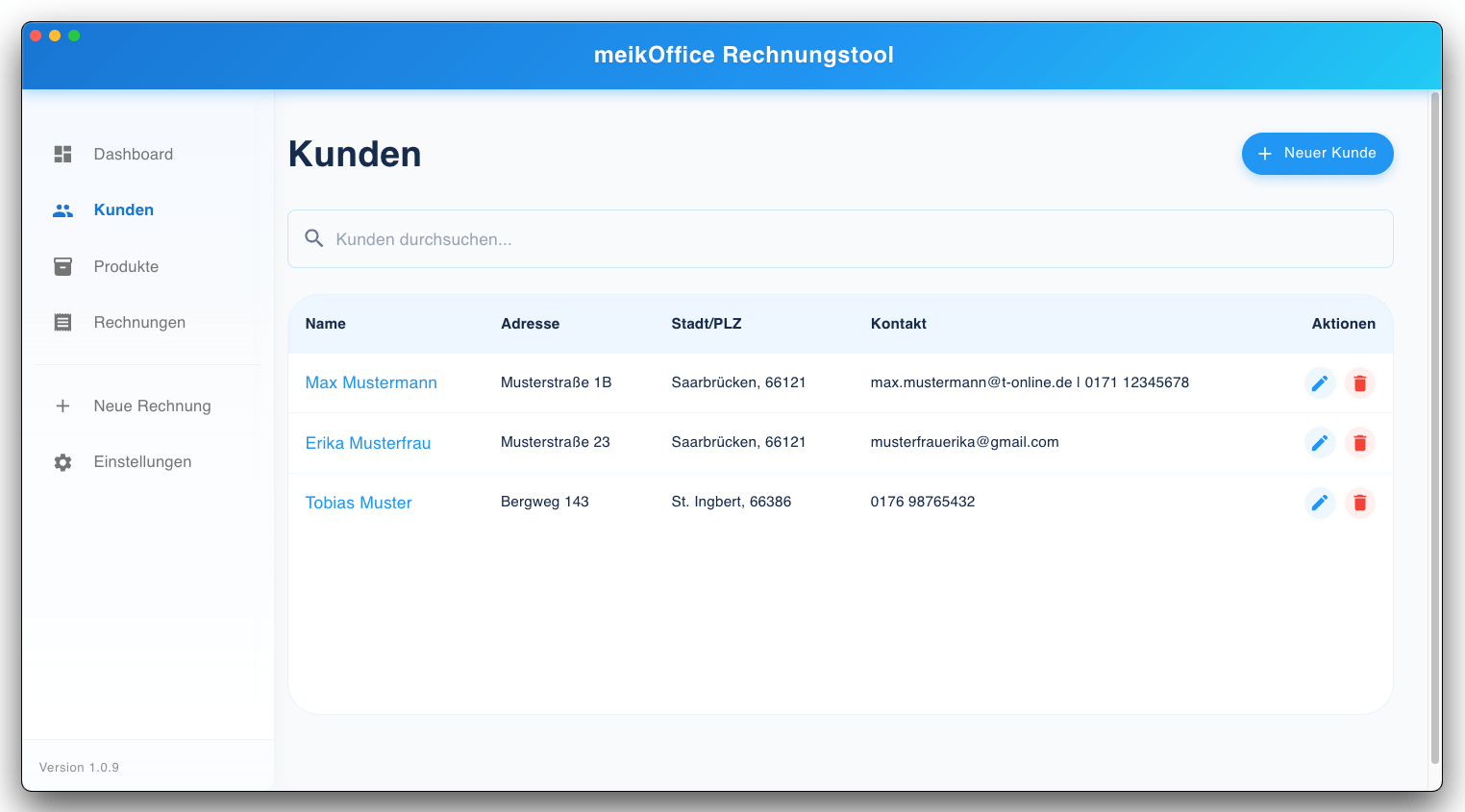 meikOffice Rechnungstool Kundenverwaltung Screenshot