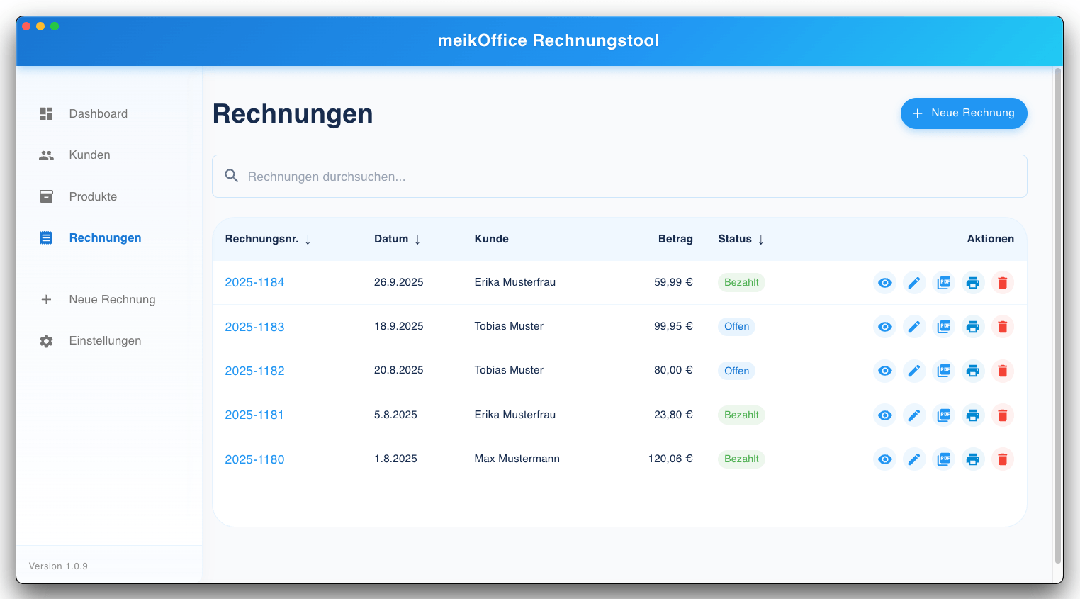 meikOffice Rechnungstool Rechnungsübersicht Screenshot