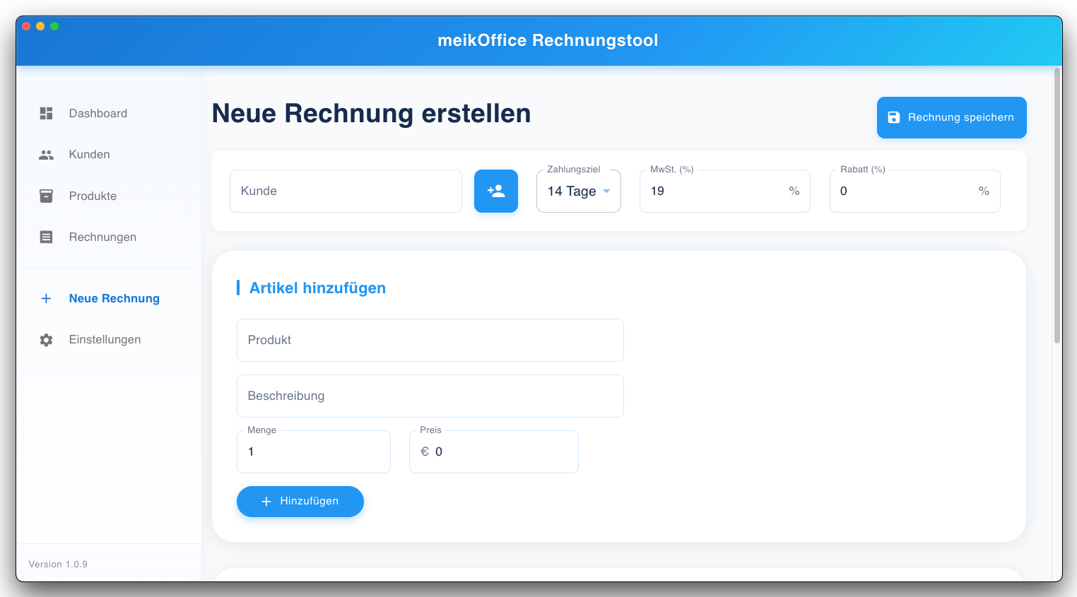 meikOffice Rechnungstool neue Rechnung Screenshot